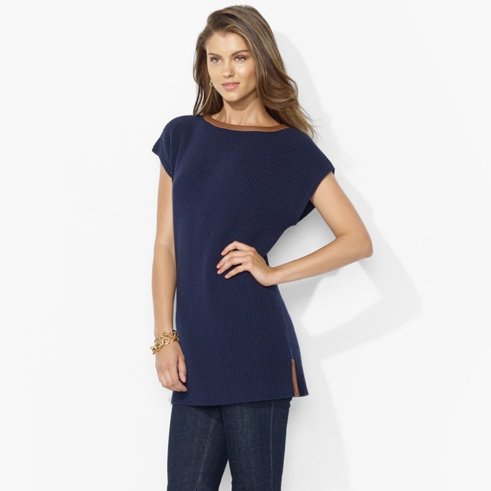 LAUREN RALPH LAUREN Faux Leather Trim Tunic Sweate